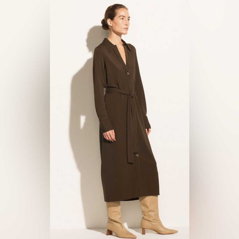 LN Vince Midi Brown Shirtdress Long Sleeve Brown Button Italian Viscose S Small - Picture 1 of 12